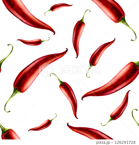 Red chilli pepper seamless pattern. Watercolor hand drawn cayenne, bell pepper spice isolated on transparent background. Salsa illustration. For designers, menu, decoration, food blog, ecofriendly Red chilli pepper seamless pattern. Watercolor hand drawn cayenne, bell pepper spice isolated on transparent background. Salsa illustration. For designers, menu, decoration, food blog, ecofriendly 126291728