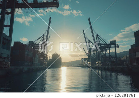 Container terminal operations at sunset highlighting industrial activity and cargo logistics Container terminal operations at sunset highlighting industrial activity and cargo logistics 126291761