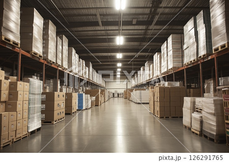 Large warehouse interior with organized shelves full of boxes and pallets 126291765