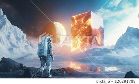 Astronaut explores mysterious glowing cube on alien moon under distant planet at night 126291789