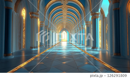 Grand palace blue interior of a historic hall with intricate designs and vibrant colors 126291809