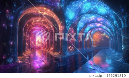 Vibrant crystal tunnel illuminated by glowing hues in a surreal underwater fantasy interior 126291810
