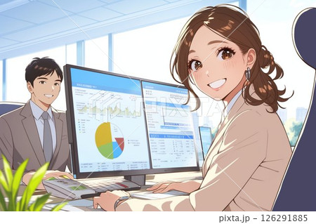 企業の業績資料を作成するビジネスウーマン_イラスト1 126291885