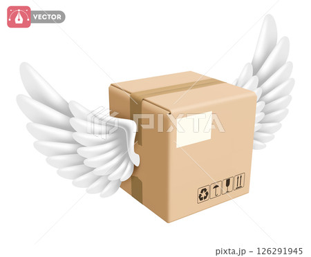 Cardboard Delivery Box With Wings Fast Delivery Concept Cardboard Delivery Box With Wings Fast Delivery Concept 126291945