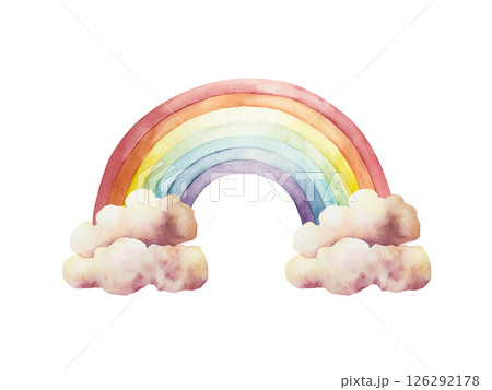 Watercolor hand drawn rainbow with Summer air clouds. Magical clipart isolated on background, cartoon transparent png illustration. Baby shower greeting cards or childish birthday invitation. Pony for Watercolor hand drawn rainbow with Summer air clouds. Magical clipart isolated on background, cartoon transparent png illustration. Baby shower greeting cards or childish birthday invitation. Pony for 126292178