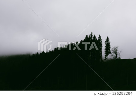 A moody landscape silhouette of trees and mountain ridges under a cloudy, overcast sky during the day. Perfect for themes of nature and environment. A moody landscape silhouette of trees and mountain ridges under a cloudy, overcast sky during the day. Perfect for themes of nature and environment. 126292294