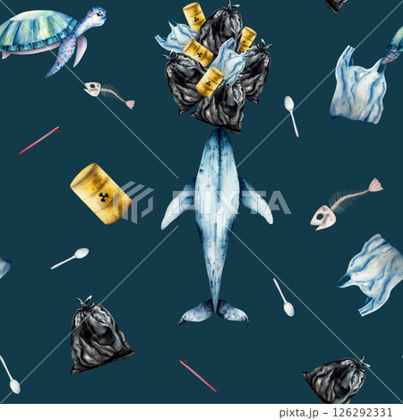 Seamless pattern with blue whale carries a mountain of garbage, Plastic bag on sea turtle. Bags filled with trash, rusty oil barrels. Watercolor hand drawn illustration isolated on background. For 126292331