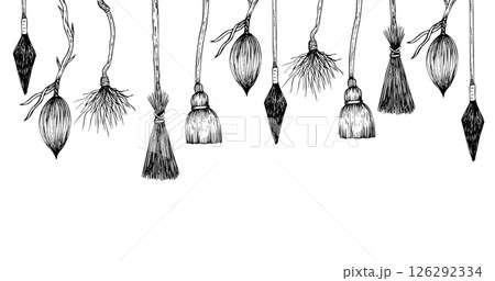 Vector flying witch's brooms banner, frame. Hand painted linear wizard halloween illustration. Graphic monochrome sketch isolated on background. For designers, prints, logo, icon, menu, postcards 126292334