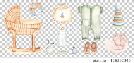 Newborn Baby Boy set. Cradle, Toys and cute Infant accessories, metrics, Mother and Baby Feet in pastel colors. Watercolor hand drawn illustration in eco style. For invitations, Gender party, Baby 126292346