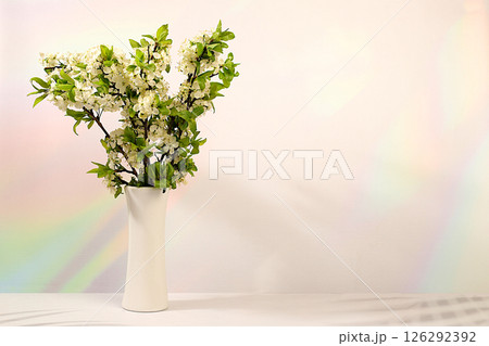 Beautiful spring blossoming apple tree branches in vase on elegant background. Abstract floral arrangement and banner for screen, Still life, Floral holiday card with summer greeting concept 126292392