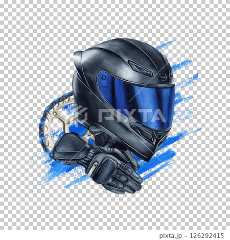 Motorcyclist helmet, blue visor, protective gloves and chain on bright watercolor spot. Illustration isolated from background. Moto gear for biker. Hand drawn painting for logo, textile, poster 126292415