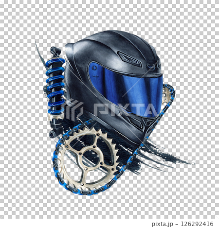 Motorcyclist helmet, blue visor, chain, shock absorber on watercolor black spot. Moto equipment gear for biker. Illustration isolated from background. For logo workshop, moto design, postcard, poster 126292416