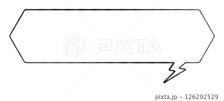 線画手書き風のシンプルな吹き出し かなり横長六角形 かみなりしっぽ右 モノクロ 線画手書き風のシンプルな吹き出し かなり横長六角形 かみなりしっぽ右 モノクロ 126292529