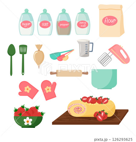 Set for baking. Spices in jars, flour in a bag. Mixer and pastry bag. Measuring spoons, rolling pin and pastry spatulas. Pastry - sweet roll with cream and strawberries. Bowl with fresh berries. 126293625