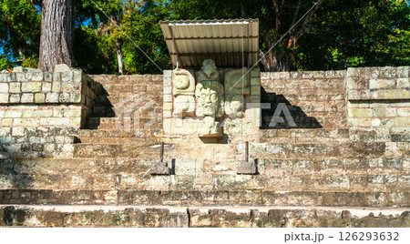 Carved Maya Deity on Temple Stairway in the Archaeological Site of Copan. UNESCO world heritage in Honduras Carved Maya Deity on Temple Stairway in the Archaeological Site of Copan. UNESCO world heritage in Honduras 126293632