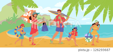 Happy family with touristic accessories going to sand beach enjoying summer vacation cartoon scene 126293687