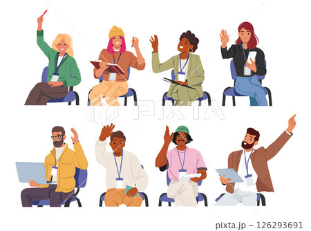 Diverse people cartoon characters raising hands to ask questions on business training isolated set 126293691