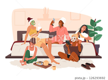 Young women gathering together on pajama party sharing gossips enjoying cosmetics procedure scene 126293692