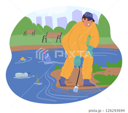 Ecologist character wearing protective suit collecting water samples in polluted river cartoon scene Ecologist character wearing protective suit collecting water samples in polluted river cartoon scene 126293694
