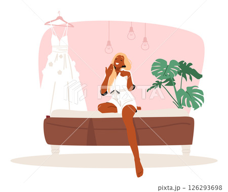 Happy charming bride wearing luxury bathrobe sitting on bed celebrating engagement cartoon scene 126293698