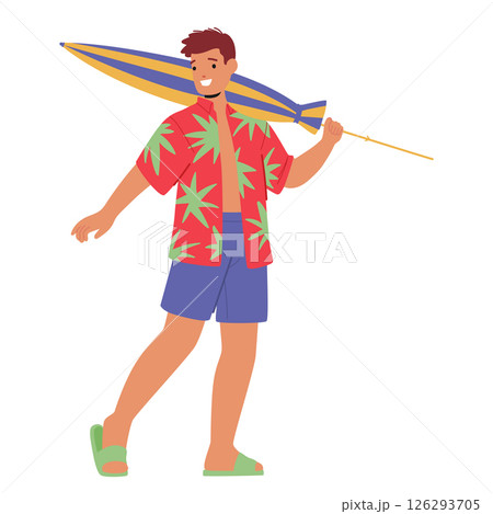 Young man tourist cartoon character wearing beach clothing holding touristic accessory for rest 126293705