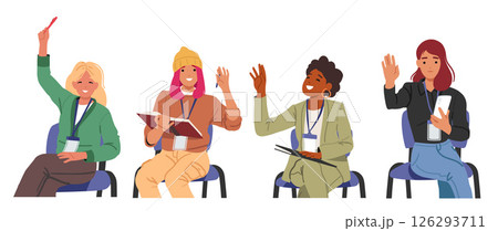Diverse woman cartoon characters wearing conference badges sitting with raised hands isolated set Diverse woman cartoon characters wearing conference badges sitting with raised hands isolated set 126293711