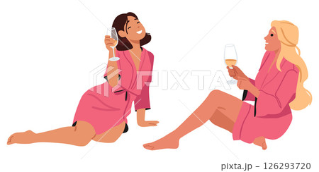Two women best friends in fashion bathrobe drinking champagne and gossiping isolated on white Two women best friends in fashion bathrobe drinking champagne and gossiping isolated on white 126293720