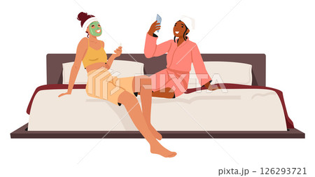 Two women best friends cartoon character enjoying spa procedure celebrating pajama party at home 126293721