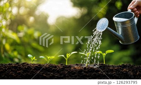 Close-up of a hand holding a metal watering can, gently watering young seedlings in a row 126293795