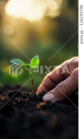 Hand holding seed tree in bag for planting into soil 126293796