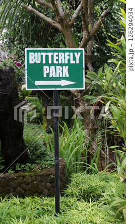 Green Butterfly Park Sign Amidst Tropical Garden Landscape with Lush Foliage and Decorative Stones Green Butterfly Park Sign Amidst Tropical Garden Landscape with Lush Foliage and Decorative Stones 126294034