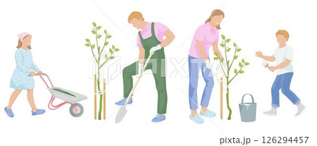 Family working in the garden. Man with a shovel digs on, women ties the apple saplings to a wooden peg, girl with garden wheelbarrow, Boy with brush for whitewashing apple tree. 126294457