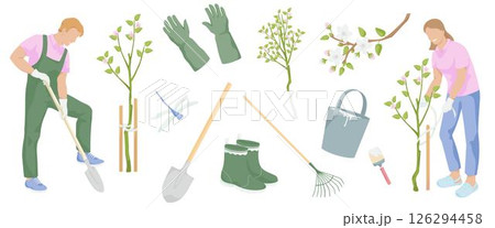 A man with a shovel digs on, women ties the apple saplings to a wooden peg. gardening tools - protective gloves, shovel, rake, pair of rubber boots, blooming apple tree, 126294458