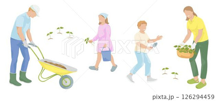 Family gardening. Man with garden wheelbarrow, women with plants, boy with hand shovel, girl with bucket 126294459