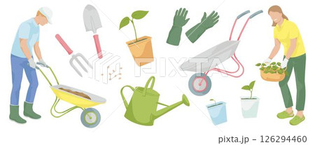 man with garden wheelbarrow, women with plants, gardening tools - protective gloves, wheelbarrow, watering can, Hand garden trowel, Hand garden fork 126294460