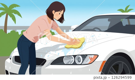 晴れた日:愛車を手洗いする女性 晴れた日:愛車を手洗いする女性 126294599