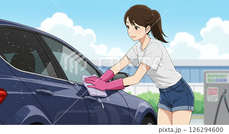 泡で洗車:愛車を磨く女性 泡で洗車:愛車を磨く女性 126294600