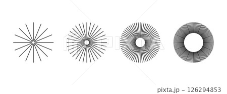 Straight radial lines in round shapes. Fireworks icons. Sun rays pictograms. Sunbeam signs. Radiance, energy or explosion symbols isolated on white background. Vector graphic illustration 126294853