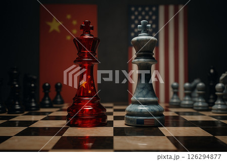 Strategic chess metaphor showing China and USA kings facing off on a chessboard, symbolizing geopolitical rivalry and power dynamics between two global superpowers Strategic chess metaphor showing China and USA kings facing off on a chessboard, symbolizing geopolitical rivalry and power dynamics between two global superpowers 126294877