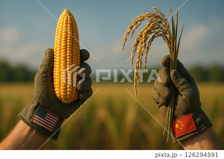 Agricultural exports comparison between USA and China shown by farmer hands holding corn and rice with national flags on gloves 126294891