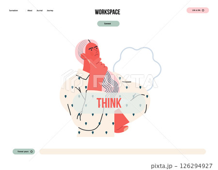 Thinking people, modern flat vector concept illustration- woman standing thoughtfully, looking upwards, bubble near head Metaphor for reflection, analysis, introspection, contemplation, deep thought 126294927