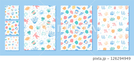 Seamless marine pattern set in flat, cartoon graphic style. Underwater life features shells, fish, reef, and ocean elements. Perfect for aquatic backgrounds, summer designs, and decorative textures. 126294949