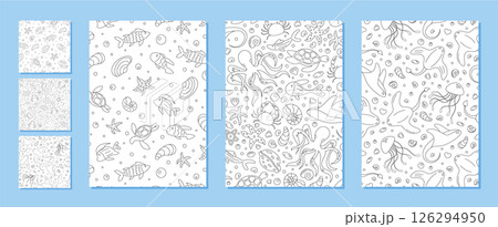 Underwater marine seamless pattern set with cartoon fish and aquatic elements. Ocean doodle outline background, featuring a variety of aquatic creatures. Ideal for playful themes and marine designs. 126294950