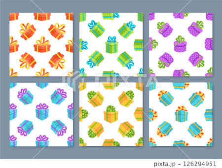 Cartoon seamless pattern gift box set with colorful ribbon presents. Wrapped surprises perfect for a birthday party background. Each unique box adds festive decoration. 126294951