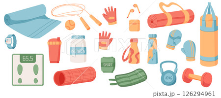 Flat sport equipment set background. Gym accessories including dumbbell, kettlebell, mat, and other training tools. Fitness and workout gear for healthy lifestyle exercise routines. Professional, 126294961