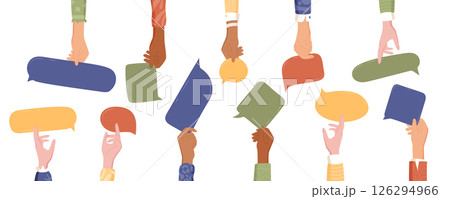 Flat multicultural hands with vibrant concept emphasize teamwork and community. Diverse people and solidarity highlight care. Charity volunteer background support connection. 126294966