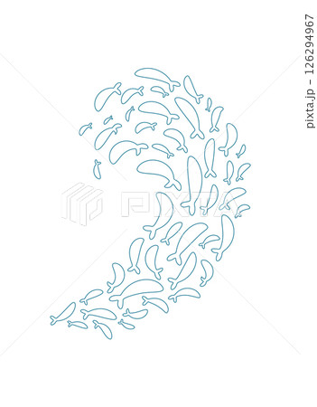 Aquatic fish school silhouette. Many fish swim in a wave pattern. Ocean life, flat outline style, perfect for summer projects, childrens decor, or marine designs. 126294967