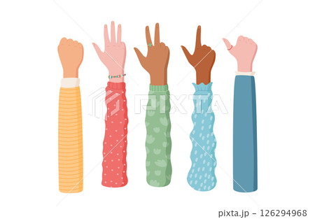 Cartoon hand count gesture set in a flat style. These representations of finger poses and arm signals capture various palm and number positions. Ideal for educational uses creative projects. 126294968