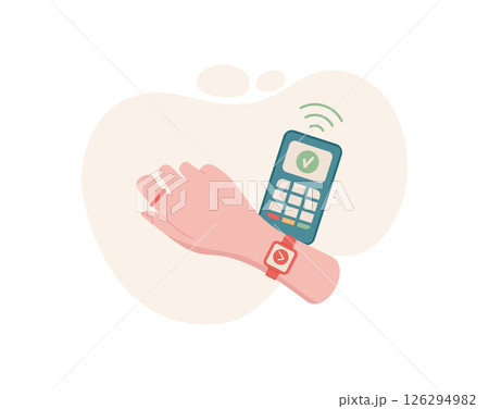 Female hand smartwatch payment. Gesture of making a payment. Digital wallet concept, flat style, suitable for business and finance themes. 126294982
