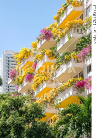 Vibrant Floral Balconies on Urban High Rise Against Clear Blue Sky. 126295213